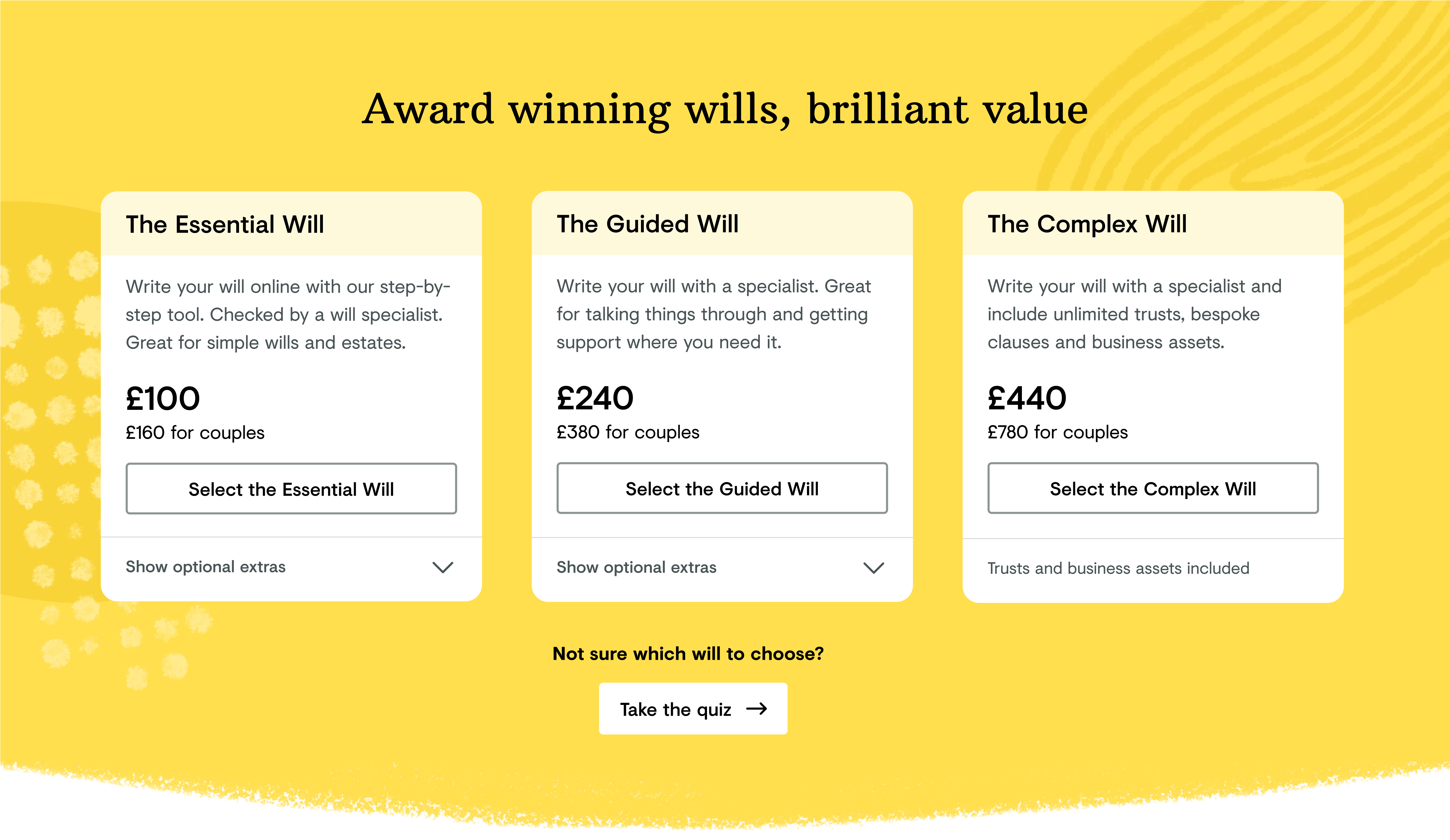 part of the new design, showing 3 wills products, Essential, Guided and Complex, with increasing cost.