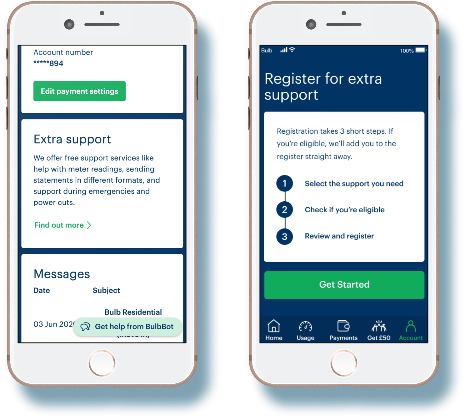 2 phones showing screens on the Bulb account with a call to action to register for additional services
