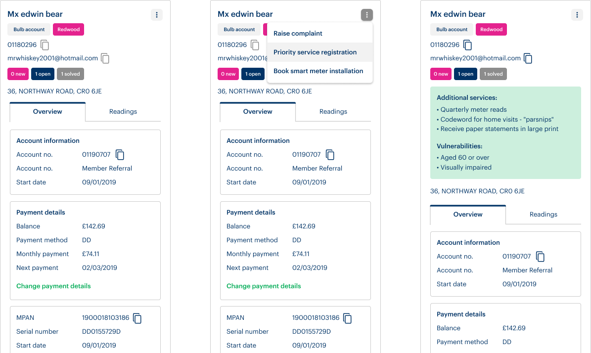 a screenshot of internal tool sidebar so cx teams can see quickly if a user has registered for additional support.