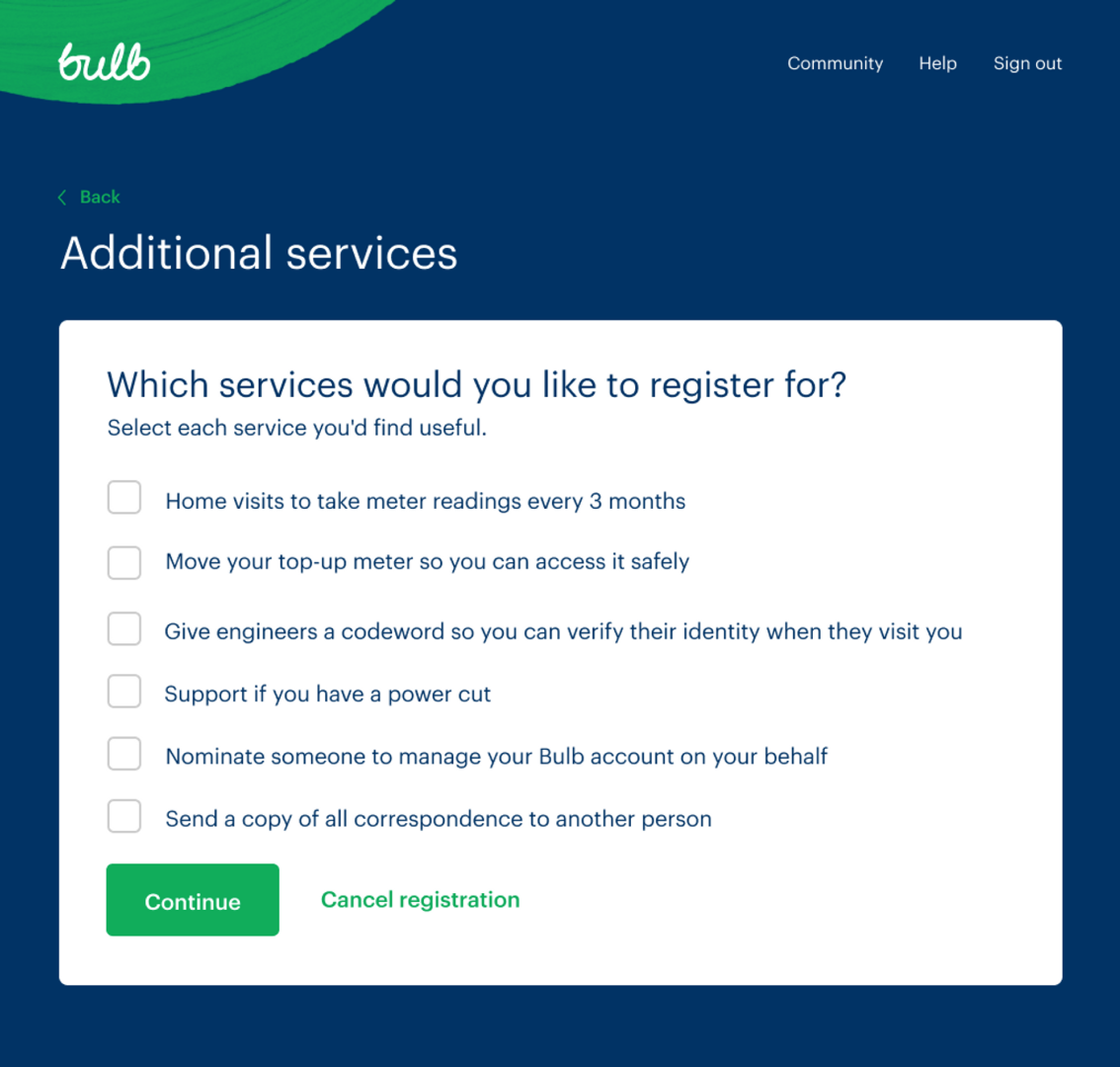 a screenshot of a question asking what services the user is interested in.