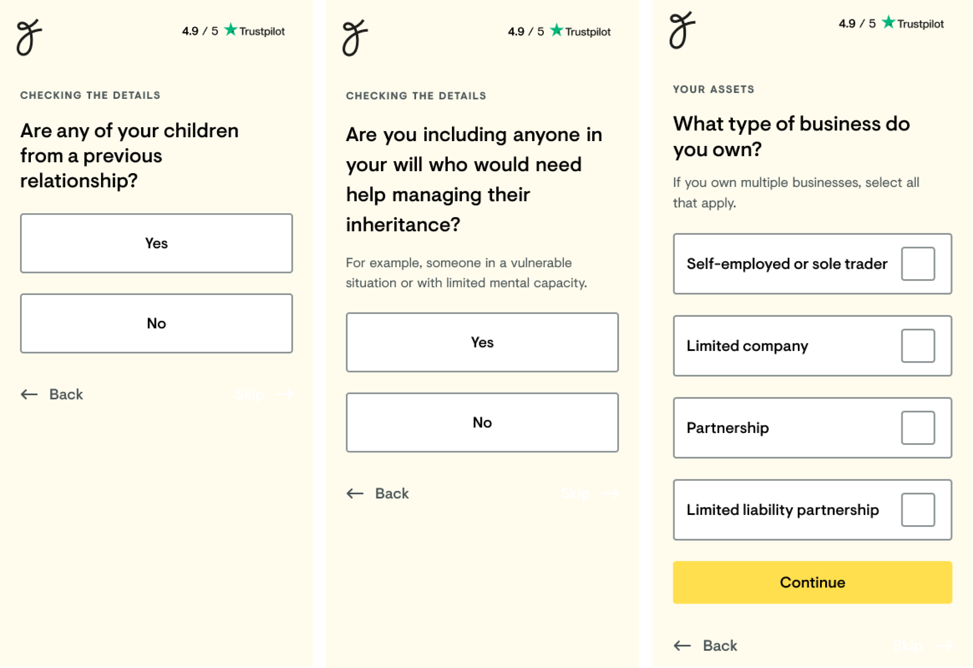 screenshots of 3 questions we added to the flow, including what kind of business they have, if they have children from a previous relationship and if they have any vulnerable beneficiaries.