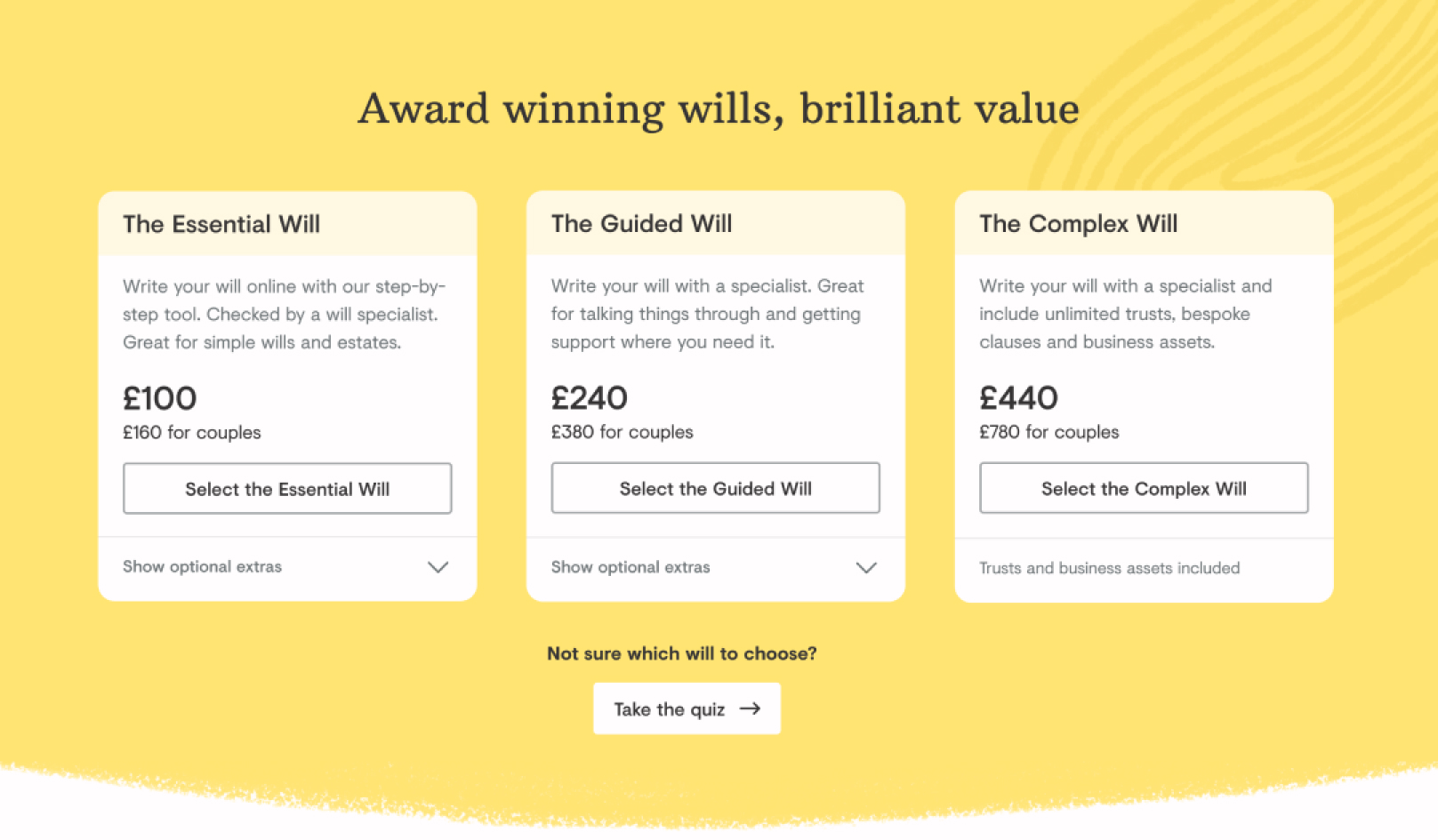 a screenshot of 3 different wills products, the essential, guided and complex will.