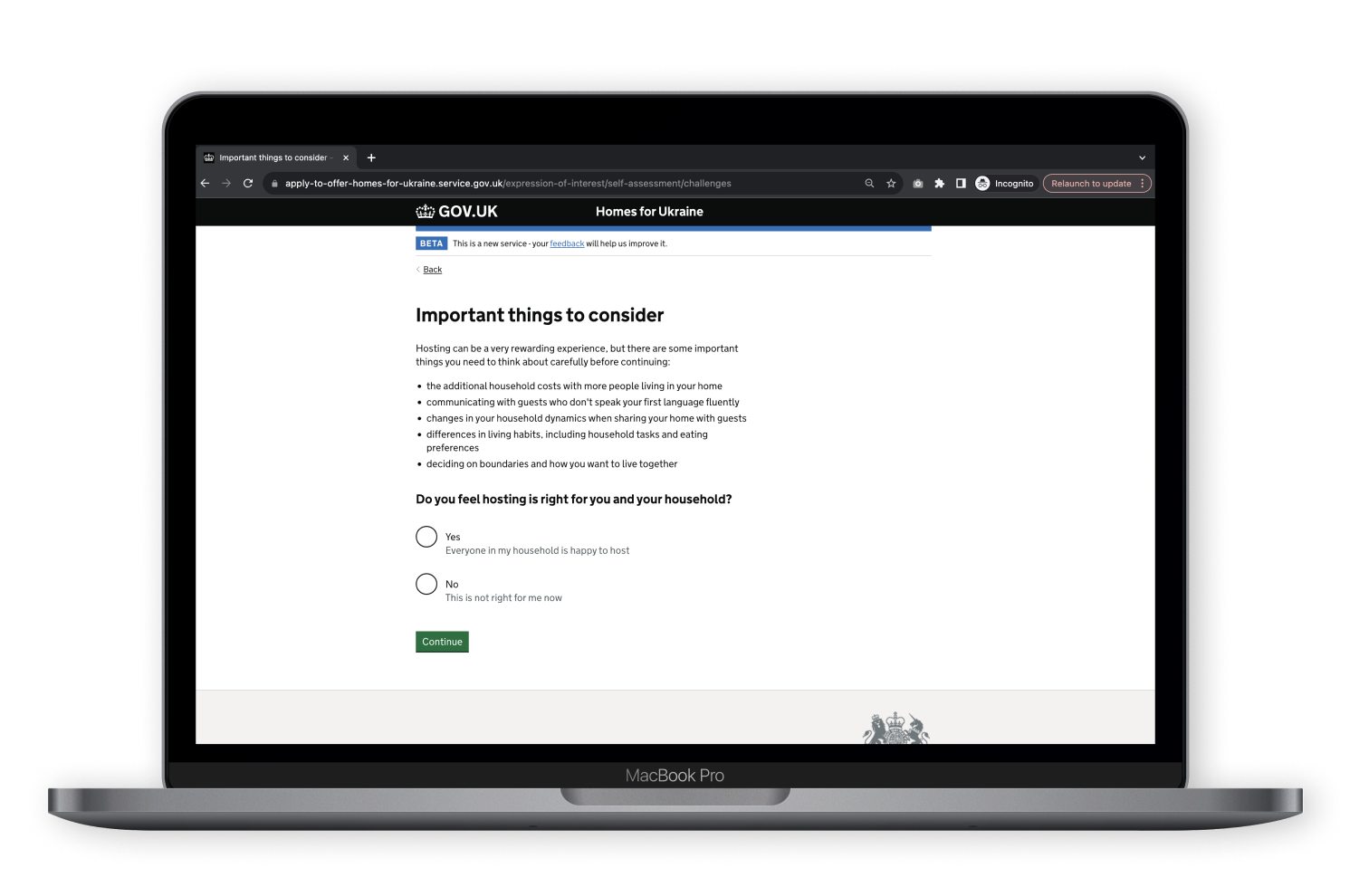 The updated registration form on desktop, asking users to reflect on important things to consider before hosting.