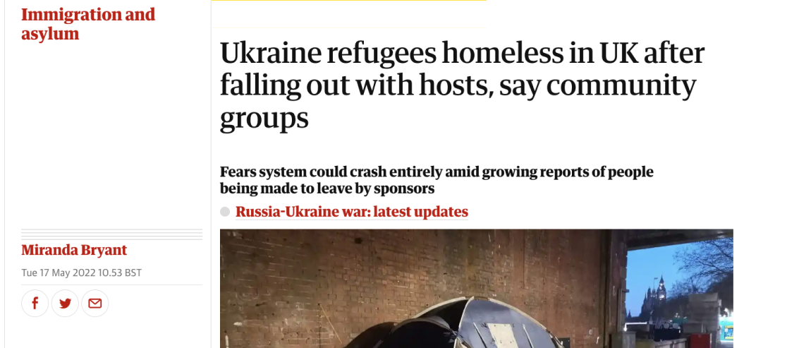 a news article screenshot reporting ukranian refugees becoming homeless after falling out with their hosts.