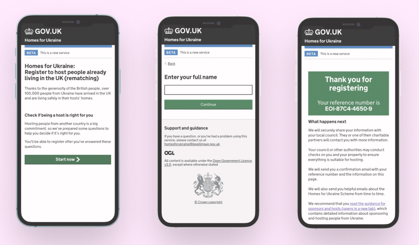 3 iphone screens showing a registration form to be a host on the Homes for Ukraine scheme